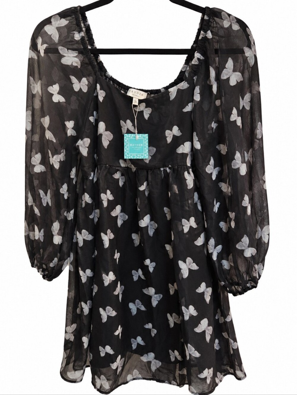 Hayden LA Black Butterfly Chiffon Babydoll Dress L Puff Sleeve Whimsygoth NWT